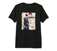 Samurai Woman with Katana Sakura Mount Fuji Rising Sun Premium T-Shirt