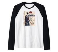 Samurai Woman with Katana Sakura Mount Fuji Rising Sun Raglan Baseball Tee