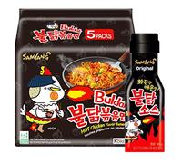 Samyang Buldak Hot Chicken Ramen Spicy Fire Noodle Ultimate Challenge - 5 Packs Original Noodles & 1 Bottle Fire Sauce