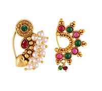 Samyuktha Maharashtrian Nath Gold Plated with Pearl Alloy and Artificial stone CZ Non Piercing Maharashtrian Nath Nathiya Combo./ Nose Pin gift for women gift for women, Mother of Pearl, no gemstone,