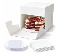 SAMZ Packaging 5 Pack Cake Boxes 12x12x6 inch with 5 Round 4mm Masonite Cake Boards - White Cake Box & Board Set for Birthday & Celebration Cakes