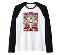 San Fermoín Pamplona 2025 Man and Bulls on the run Raglan Baseball Tee