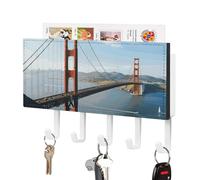 San Francisco Golden Gate Bridge Key Holder for Wall, Decorative Key Hooks with Mail Organizer & 5 Hooks, Self Adhesive Leather Key Hanger for Entryway, Wall Mounted Key Rack (7.1” X 4.3” X 0.9”)