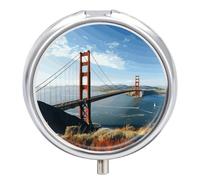 San Francisco Golden Gate Bridge Round Pill Box Cute Small Fish Oil Cases Portable 3 Compartment Pill Boxes Round Pill Case with Mirror for Vitamins Medication Supplements Gift