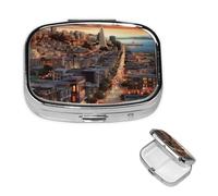 san Francisco Pill Box with Mirror 2 Compartment Decorative Pill Case for Purse or Pocket Small Square Pill Organizer Weekly Metal Medicine Tablet Vitamin Holder Travel Gift