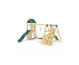 (San Luis Green) Rebo Wooden Climbing Frame with Swings, 6 & 8ft Slides and Climbing Wall