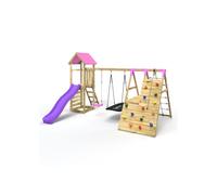 Rebo® Wooden Climbing Frame with Swings, 6+8FT Slides and Climbing Wall - Alverstone Pink | OutdoorToys | Kids' Outdoor Wooden Garden Play Equipment, Children's Jungle Gym