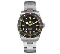 San Martin Men Watch SN0138G, 37 mm 20 Bar Diver Watch NH35 Automatic Mechanical Luxury Diving Waterproof BB54 Wrist Watch, Black Dial-Stainless Band