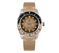 San Martin Men's Automatic Dive Watch - NH34 Movement 40mm Self Wind Mechanical Wristwatch with 20Bar Water Resistant, Bubble Sapphire Crystal C3 Green Lume and Retro Leather Strap, Brown/ Hands 1