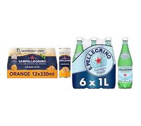 San Pellegrino Italian Tastefully Light Sparkling Orange Canned Soft Drink 12 x 330ml | 64k Cals per Can & San Pellegrino Sparkling Natural Mineral Water 6x1L