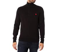 HUGO Mens San Quintus-C Logo-Label Zip-Neck Sweater Knitted in Cotton Black