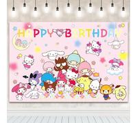 San-ri Birthday Party Backdrop - Cartoon Happy Birthday Banner Background, Pink Theme Party Supplies, Photography Backdrop for Kids Boys Girls