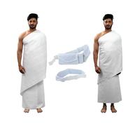SANAAYAH Twill Strips & Big Diamond Ihram Ahram Ehram with Free Belt For Hajj & Umrah, Pure Cotton, Pack of 2 Sets, White
