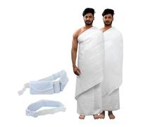 SANAAYAH Twill Strips & Honeycomb Ihram Ahram Ehram with Free Belt For Hajj & Umrah, Pure Cotton, Pack of 2 Sets, White