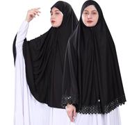 SANAAYAH Women’s Khimar Hijab Pack of 2 - Extra Long Islamic Prayer Hijabs with Bonnet - Two Lace Designs - Lightweight, Soft & Breathable - Modest Muslim Clothing - One Size (Black)