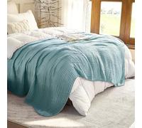 SANACYNA Muslin Blankets for Adults 100% Cotton 6-Layer Gauze Queen Size Teal Grid Bed Blanket Lightweight Soft Breathable Blanket for Sofa Bed Coverlet Both Sides (Teal, Queen 90" X 90")