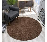 SANAT Modern Round High Pile Rug, Dark Brown, 120 x 120 cm