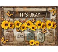 SaNavie It's Okay to Make Mistakes, Vintage Metal Tin Sign Sunflowers Bouquet Bottle Retro Style Vintage Iron Plaque for Home Kitchen Garden Yard Cafes Wall Decor 8x12 Inch