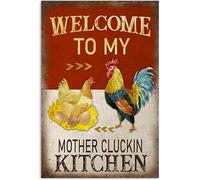 SaNavie Rooster And Hen Laying Eggs Metal Signs Vintage Farm Decor Welcome To My Mother Cluckin Kitchen Tin Poster Retro Signage Pub Cafe Restaurants Man Cave Wall Decorate Metal Tin Sign 8x12 Inch