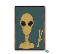SaNavie Vintage Tin Sign Alien Martian Showing Peace Sign Retro Cosmos Star Monster Metal Tin Sign Wall Art Home Decor Kitchen Poster Cafe Pub Plaque 8x12 Inch