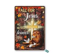 SaNavie Vintage Tin Sign Jesus Fall for Jesus He Never Leaves God & Lion Metal Tin Sign Wall Art Home Decor Kitchen Poster Cafe Pub Plaque 8x12 Inch