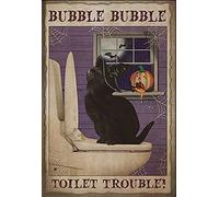 SaNavie Witch Cat Retro Metal Tin Sign Bubble Bubble Toilet Trouble Poster, Black Cat Bathroom Halloween Tin Sign Vintage Style Rusty Look Plaque for Bar Home Garage Man Cave Wall Decor 6x8 Inch
