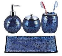 Sanbege 4 Pcs Mosaic Glass Bathroom Accessories Set, Modern Luxury Bath Ensemble, Includes Soap Dispenser, Cotton Swab Jar, Toothbrush Holder, Vanity Tray (Shiny Blue)