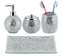 Sanbege Modern Luxury Mosaic Glass Bathroom Accessories Set Includes Soap Dispenser, Cotton Jar & Toothbrush Holder & Vanity Tray (Shiny Silver)