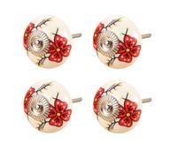 SANCHAKOU Ceramic Handle 4Pcs Handmade Retro Round Ceramic Knobs Wardrobe Cabinet Drawer Long Screw Pulls Red Flower