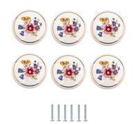 SANCHAKOU Ceramic Handles 6Pcs Ceramic Small Knobs Flower Hand Painted Cartoon Drawer Cabinet Door Pulls Gold Line Trumpet Flower