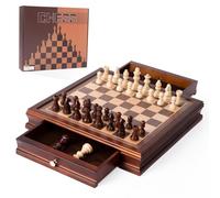 SANCHKEN 12.8" Wooden Magnetic Chess Set Classic Interactive Chess Board Game Set Age 6+ for Adults Chess Board with 2 Built-in Storage Drawers - 2 Extra Queen (brown-a)