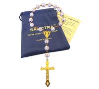 SANCTRA Car Rosary, Handmade and Blessed in the Holy Land, Virgin Mary, 17 Prayer Beads, White with Gold Cross, Catholic Cross (crucifix), Chaplet, Gift Pouch & Certificate, for Gear Stick