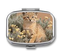 Sand Cat in Camelthorn Pill Box - 2 Compartment Travel Pill Organizer with Small Mirror, Portable Pillcase for Pocket & Purse, Cute Square Medicine Case, Weekly Medicine Container