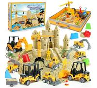 Sand Construction Site Kit - 36 Pcs Play Sand Art Kit with 8 Construction Trucks, Folding Sandbox, 2.2 lbs Magic Sand, Crane, Worker, Road Signs, Molds, Shovel - Ideal Toys for Boys Girls Age 3-8
