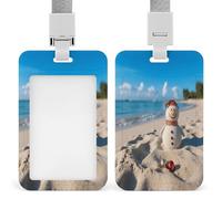 Sand Snowman on Beach Badge Holders with Push-Pull Slot&Lanyard Waterproof Plastic Vertical Work ID Card Holder Portable Travel Document Protector Detachable Card Protector