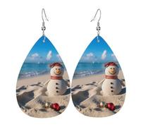Sand Snowman on Beach Earrings for Women Faux Leather Earring Teardrop Dangle Earrings Lightweight Jewelry Gift