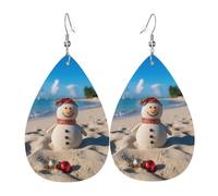 Sand Snowman on Beach Leather Earrings for Women Teardrop Earrings Lightweight Dangle Drop Earrings Cute Jewelry Gift