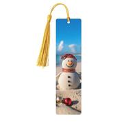 Sand Snowman On Beach Wooden Bookmarks 5 Pcs,Handmade Double-Sided Printed Book Marks Page Markers with Gold Tassels Book Accessories Gift for Book Lovers Women Men