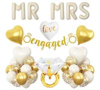 Sand White Engagement Party Decorations, MR and MRS Balloons Decor, White Gold Confetti Balloons, Love Heart and Diamond Ring Foil Balloon with Engaged Banner for Wedding Engagement Party Decoration