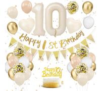 Sand White Gold 10th Birthday Decorations for Girls - Balloons, Banner, Cake Toppers, Number 10s