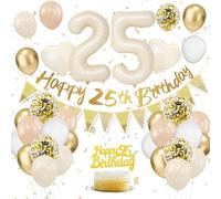 Sand White Gold 25th Birthday Decorations for Women - Balloons, Banner, Cake Toppers, Number 25
