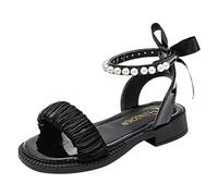 Sandals for Girls Open Toe Ankle Strap Dress Pearls Bow Straps Princess Fashion Elegant Soft Sole Girls Sandals for Summer Beach Roman Style
