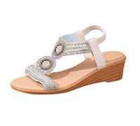 Sandals for Women Bohemian Rhinestone Casual Sandal Summer Comfortable Sparkling Bohemian Beach Beaded Outdoor Wedding Open Toe Shoes (White, 5.5)