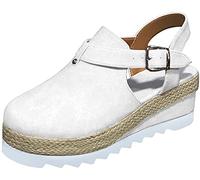 Sandals for Women Casual Summer Fringe Closed Toe Buckle Strap Sandals Wedge Flatform Sandals Solid Shoes,White,US7/EU38