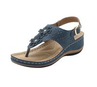 Sandals for Women Flat Leather Ladies Orthopedic Womens Open Toe Wedge Espadrille Wedges Knotted Strappy Hessian Mid Heel Ankle Strap Gold Sandles Summer Shoes Rubber Closed Arch Support Dark Blue #4