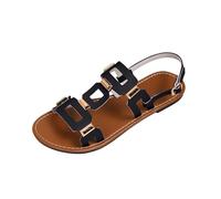 Sandals for Women Flat Open Toe Slingback Sandals Faux Leather Geometric Strap Summer Beach Holiday Casual Walking Footwear Tan Black Black