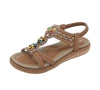 Sandals for Women Flat Shoes Comfortable Ankle Strap Elastic Summer Elegant Flat Shoes Casual Bohemian Pearl Shoes Slippers Beach Sandals, brown, 10.5 UK