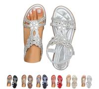 Sandals for Women Flat with Arch Support Casual Summer Bohemia Rhinestones Sandals Ladies Braided T-Strap Elasticated Back Strap Walking Flip Flops Diamante Slip On Wide Fit Dressy Party Wedding Shoes