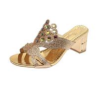Sandals for Women Ladies Chunky Heel High Heel Fish Mouth Casual Bohemian Beach Shoes Rhinestone Slippers, gold, 5 UK