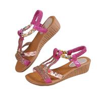 Sandals for Women Ladies Sandals Summer Low Wedge Sandals Comfortable T-Strap Beaded Flower Sparkly Rhinestone Elastic Sandals Dress Shoes for Outdoor Beach Wedding UK 7.5#1#_Hot Pink